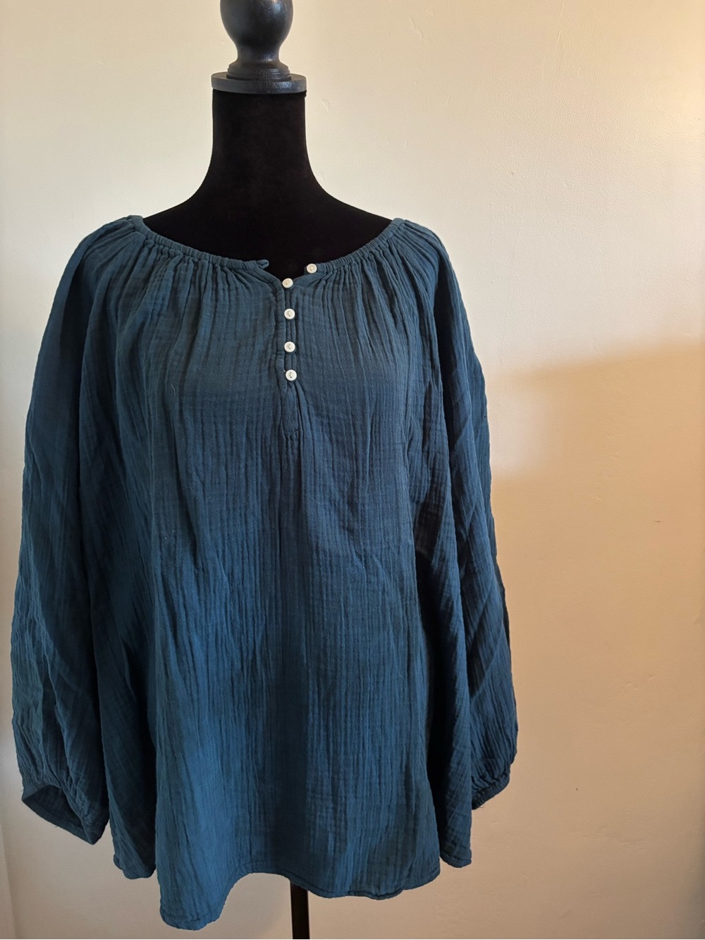 Blue Peasant Blouse with Button Placket